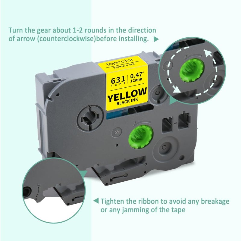 Topcolor 6-Pack Tze631 12mm 0.47 Laminated Yellow Label Tape Compatible for Brother Tze-631 Tze631 TZ-631 P Touch Label Tape Tz Tze 12mm 1/2"" Black on Yellow for PTD210 PTD220 PTD400 PT1290 PT2040 - Image 3